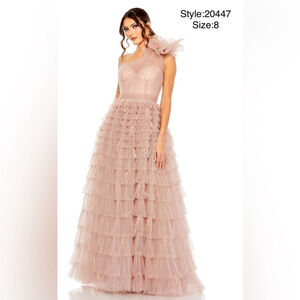 Bow feathered one shoulder ruffled evening gown